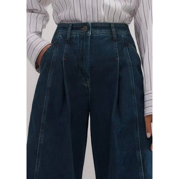 ME+EM Soft Denim Pleated Pants Mid Wash Jean Denim Trousers 2 Wide Leg High - Picture 3 of 13